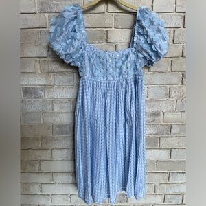 MANOUSH blue and white checked puff sleeve mini dress size small